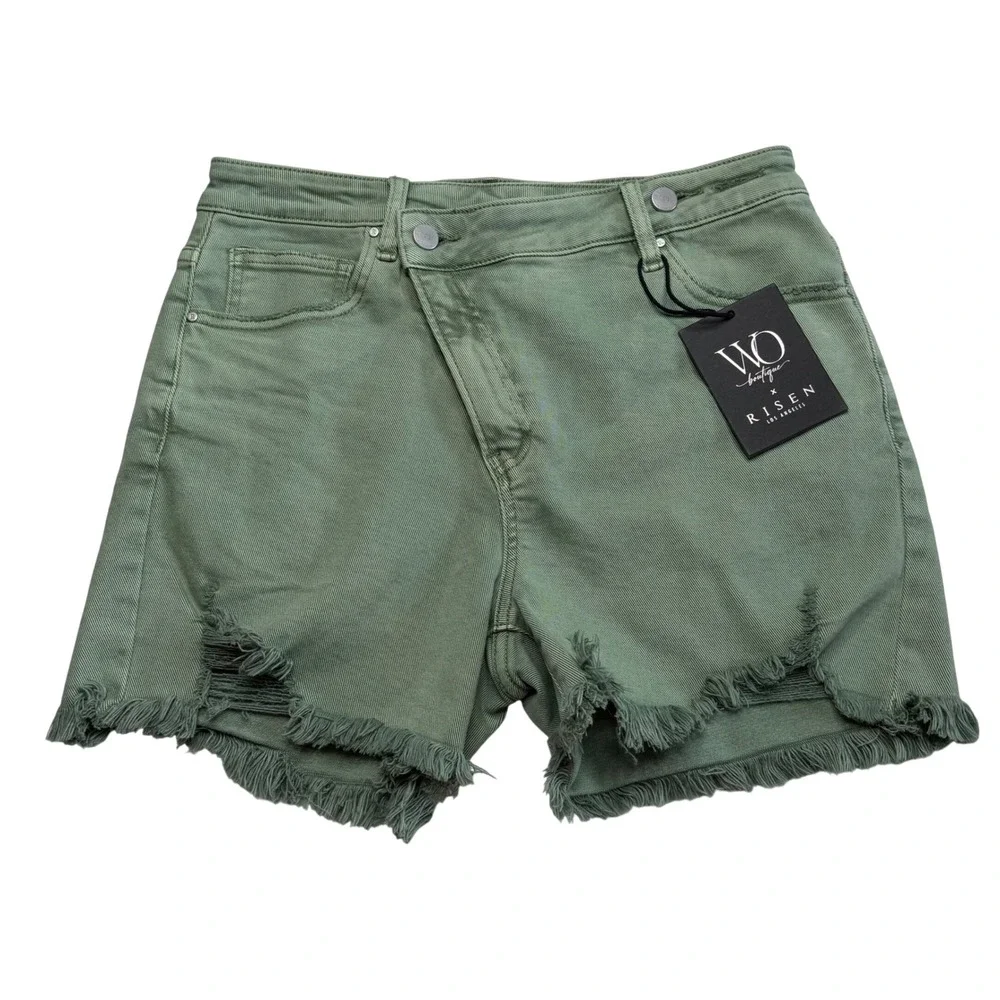 RISEN JEANS Asymmetrical Crossover Olive Green Distressed Shorts Women's XL NEW